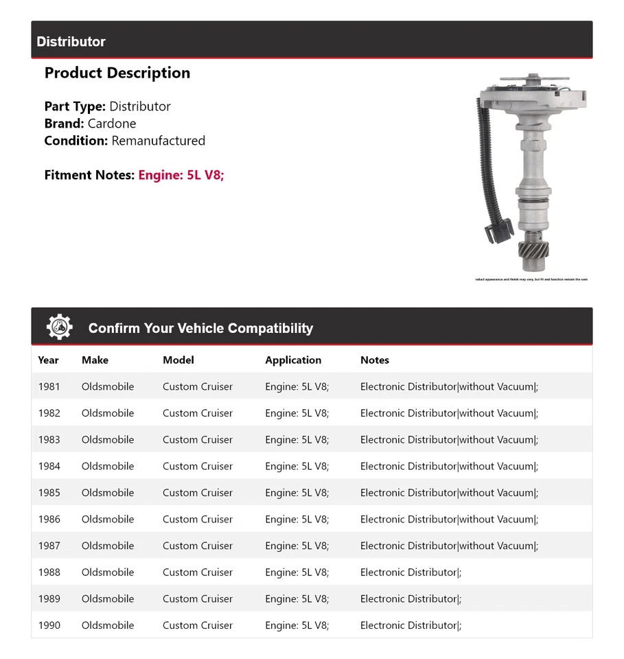For 1981-1990 Oldsmobile Custom Cruiser 5L V8 Distributor Cardone 1982 1983 1984 - Image 2 of 4