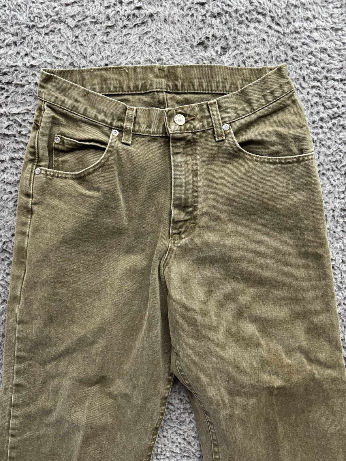 VINTAGE Lee Riveted Jeans Long Green Denim Tapered Leg USA 31x32 thumbnail 3