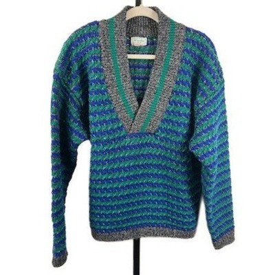 Benetton Sweater Men's Size 50 Large Blue Green Gray Striped Wool Vintage