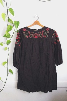 Black Floral Embroidery Babydoll Tunic Dress Allison New York XS 100% Cotton