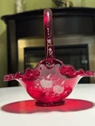 FENTON Ruby Red Ruffled Glass Basket 7" Hand Painted Roses Signed Cadmium Glows