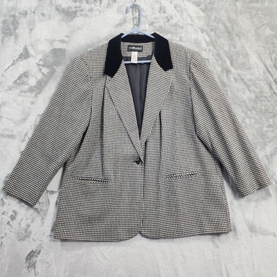Vintage Sag Harbor Blazer Womens 22 Black Houndstooth Wool Velvet Collar Office