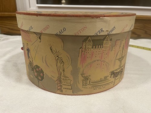 VTG 1950's SPECIAL HAT BOX 12" ROUND🌺TRAVEL THEME Graphics PASTEL VERY Good