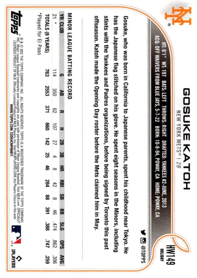 2022 Topps Gosuke Katoh Rookie New York Mets #AC-GKA - Image 2 of 2