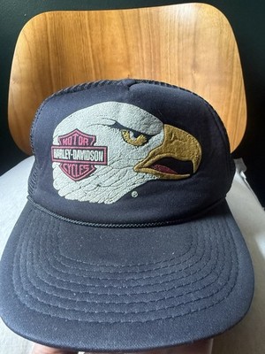 VTG 80s 90s Harley-Davidson Eagle Head Mesh Trucker Hat Snapback Black USA
