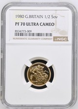 1980 Gold Proof Half Sovereign, Elizabeth II, NGC PF70 ULTRA CAMEO