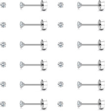 12 Pairs Surgical Steel Flat Back Earrings for Women Men 20G Cubic Zirconia Cart