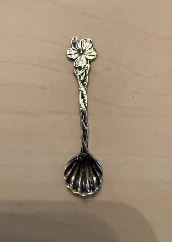 ANTIQUE SALT CELLAR SHELL SPOON WITH FLORAL HANDLE MUST SEE!
