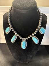 Vintage Navajo Sterling Silver Ball Bead Turquoise 15 Necklace 50.2g