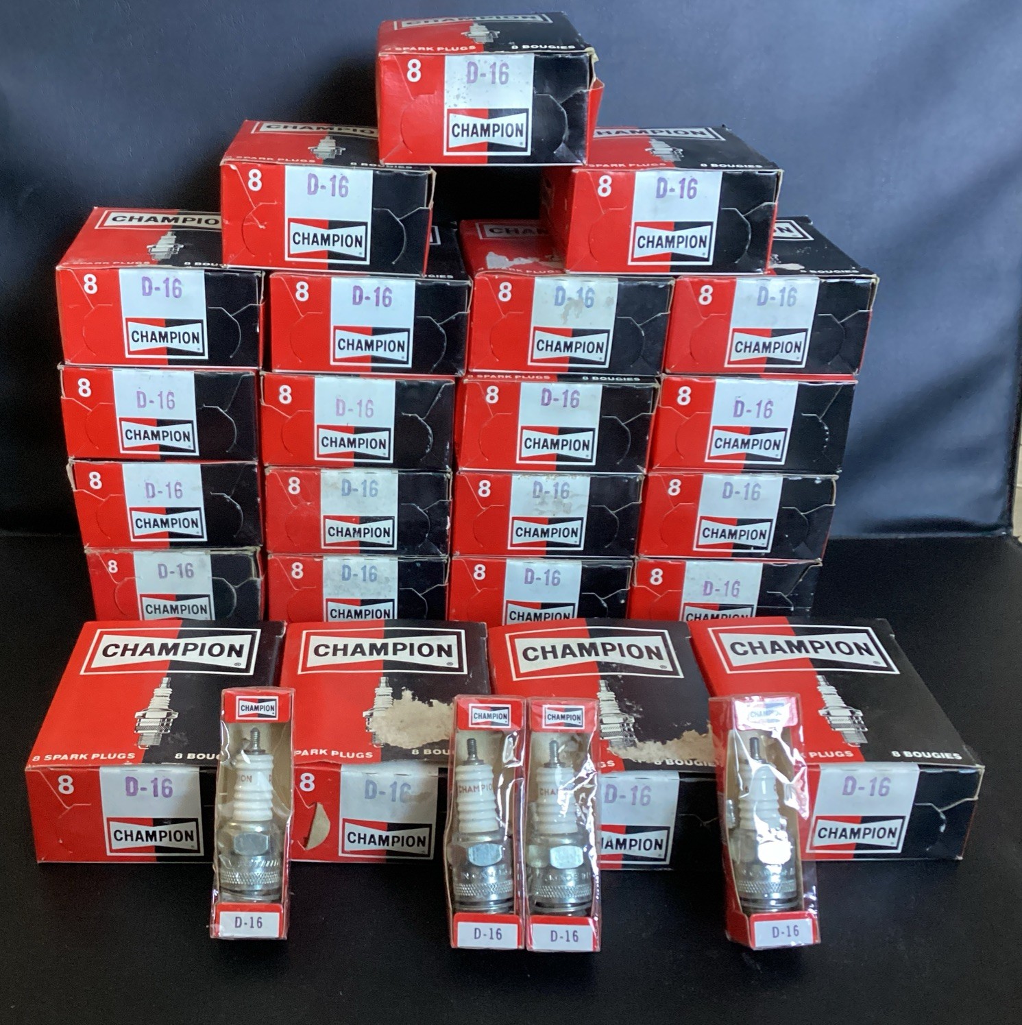 D-16 Champion Non Resistor Spark Plugs NOS 23 Boxes 4 Singles 188 Spark Plugs