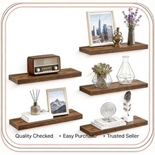 Rustic Brown Floating Wall Shelves Set Sturdy Wood Metal Brackets Display Shelf
