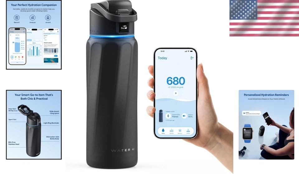 Бутылка для отслеживания воды изолированная без бисфенола 32 унции - умное напоминание, черная сталь - Изображение 2 из 4