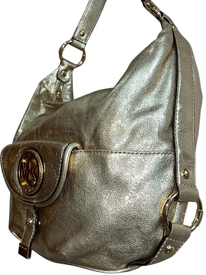 Bolso de Hombro Michael Kors Bedford Dorado Metálico Cuero Hobo Cartera MK Lo Foto 2 de 4
