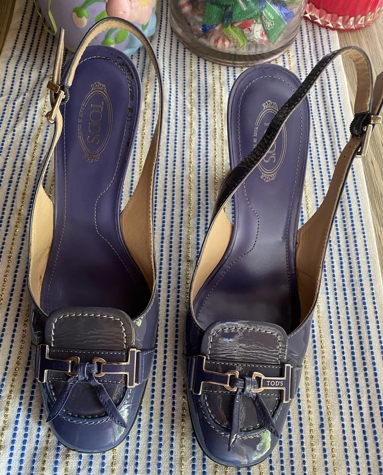 Zapatos Tods Clásicos Mujer Azul Charol Tacones Hebilla Talla 38 Foto 2 de 4