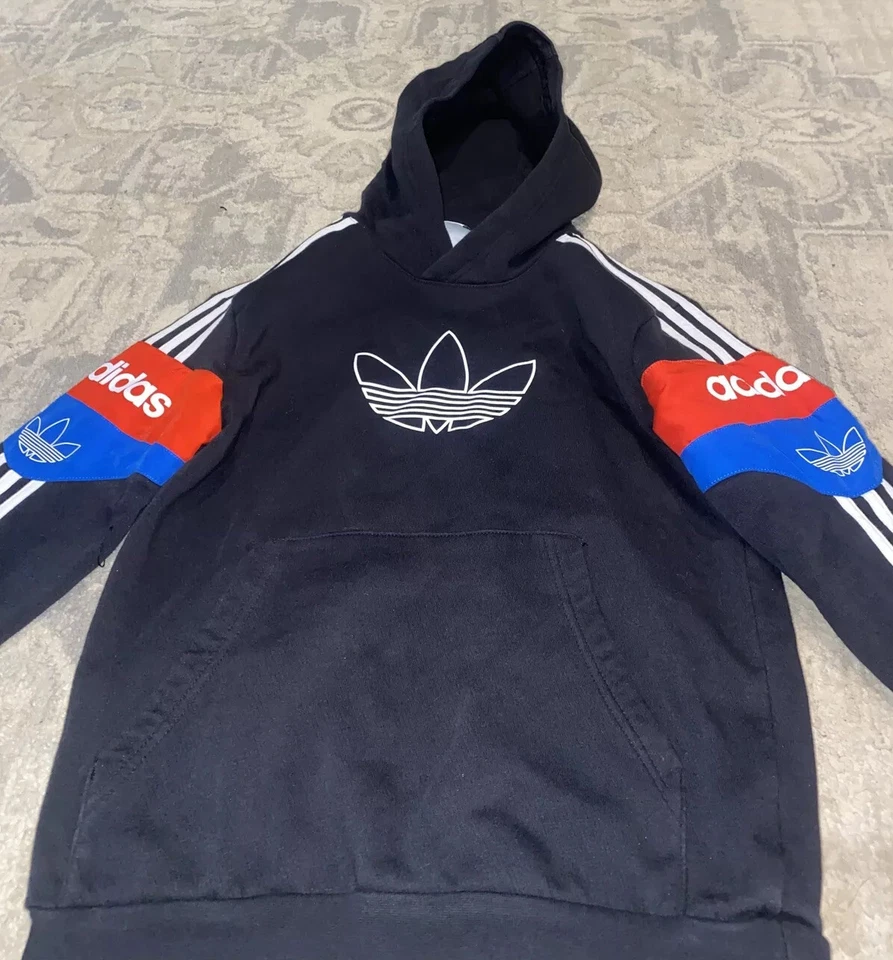 Adidas Jóvenes Niños Talla Mediana 10/12 Negro Sudadera con Capucha 3 Rayas Negro Foto 2 de 4