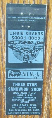 SAN FRANCISCO, CALIFORNIA MATCHBOOK COVER: THREE STAR SANDWICH SHOP MATCHCOVER E