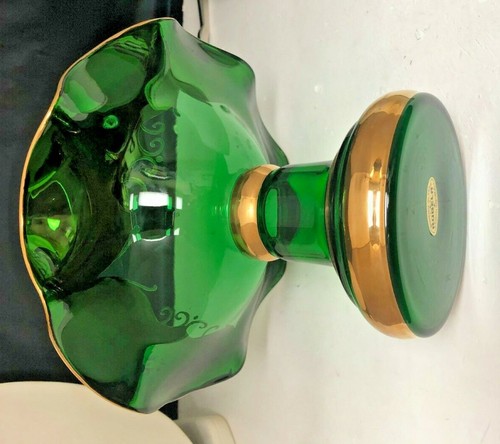 VINTAGE CANDY DISH BOHEMIA CZECH REPUBLIC 24K GOLD EMERALD GREEN ART GLASS - Picture 7 of 10