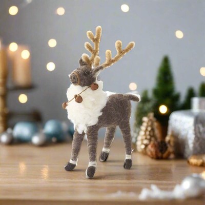 Primitive Farmhouse Christmas Wool Reindeer Shelf Sitter w/ Bells 6.5''