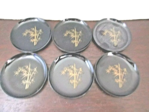 6 Stück Japanische Untersetzer/Gewürz Set Schwarz Lackiert Gold Glanz Bambus Design - Bild 1 von 3