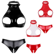 Women Latex Lingerie Set Underwear Outfits Hollow Out Bra Crop Top with Briefs