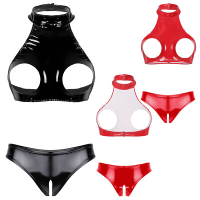 DE iEFiEL Damen Dessous Set Offene BH Lackleder +Offener Schritt Tanga Clubwear