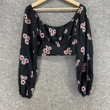 Wild Fable Cropped Top Women M Medium Black Floral Long Sleeve Rayon Lined