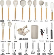 Kitchen Utensil Set - 35 utensils, made of silicone and wooden handles.