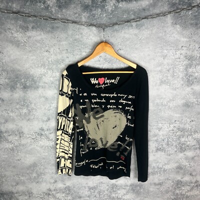 Desigual M Top Graphic Print Long Sleeve Black Beige Heart Spain Shirt Rare