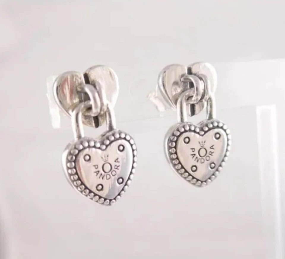 Genuine Pandora Rare Love Lock Stud Dangle Earrings 925 Solid Silver #21744 - Image 2 of 4