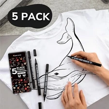 Zenacolor 5-Pack Dual-Tip Black Fabric Markers, Permanent Clothing Paint Pens