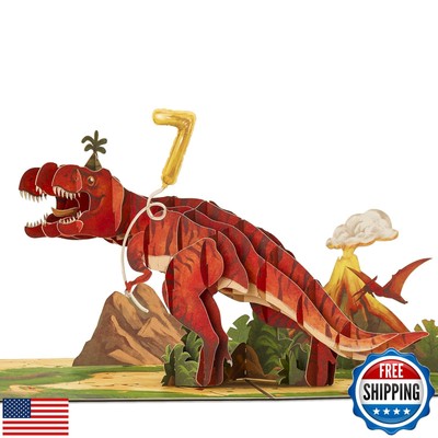 POPWOW Happy 7th Birthday Pop Up Card, Dinosaur, T-Rex, Volcano, Cartoon, Adv