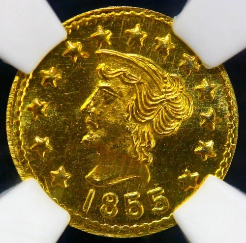 1855-DATED CAL GOLD TOKEN LIBERTY  BEAR #2B ROUND 10.1mm 1/4 NGC MS66PL