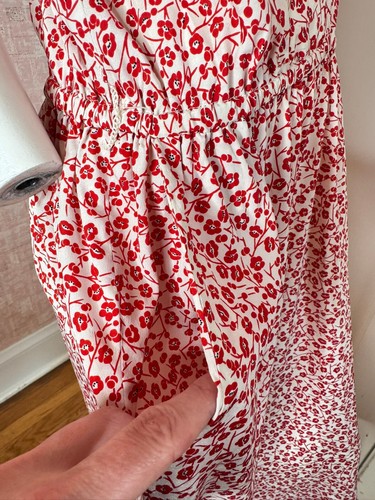 vtg silk knee length small red cherry blossom print stretch waist dress sz M - L - Picture 3 of 11