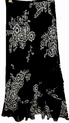 Zero Zero Skirt M Black White Floral Silky Tiers Ruffle Hem Lined Elastic Waist