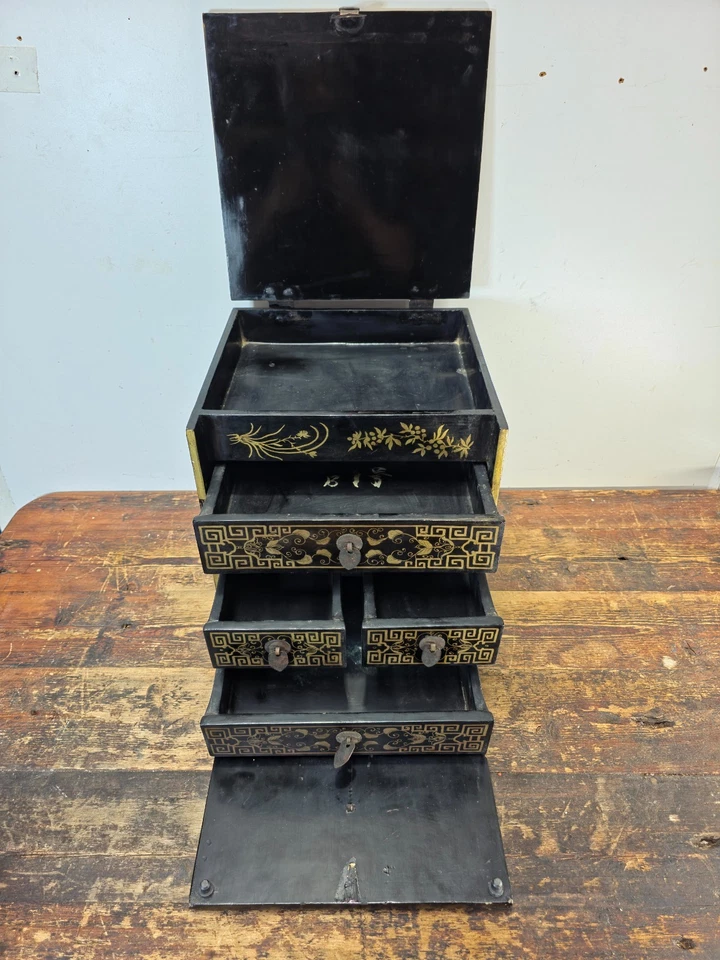 Chinese Antique Lacquer Box, Hundred Boys Motif, Drawers & Lift-Top 14.5"H - Image 3 of 4