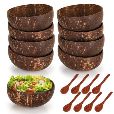 Polished Coconut Shell Bowls Wooden Spoon Set Salad Fruit 15 Oz 8 PCS
