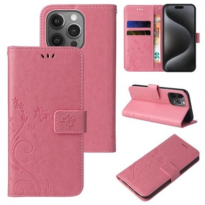 Handyhülle für Apple iPhone 15 Pro Max Case Tasche Blume Schmetterling Rosegold