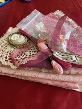 PINK Slow Stitch Junk Journal Kit Craft Sewing Crochet  Fabric Lace  + More P1