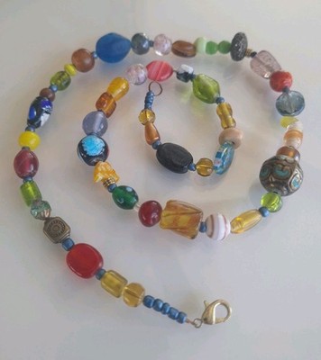 Vtg Murano Inspired Multi Color Art Glass Beads Artisan Boho 12'' Necklace