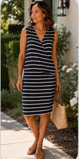 ANN TAYLOR dress Sz M navy striped stretch sleeveless EUC