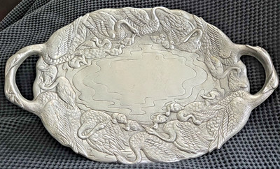 17'' Arthur Court Vintage 1980s Swan Tray Platter w/ Handles Aluminum