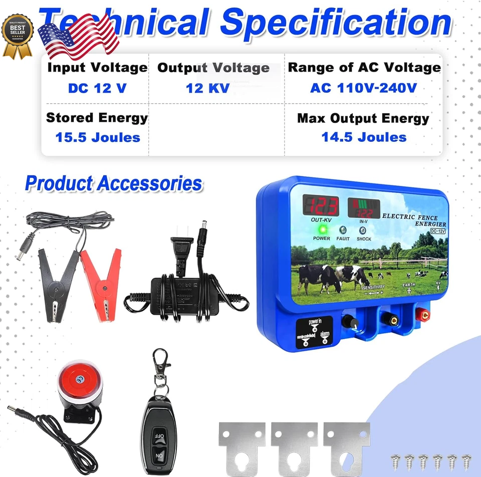 15.5J Electric Fence Charger 15.5 Joules 600 Acres, AC DC 2 in 1 Powered Supply - Image 2 of 4