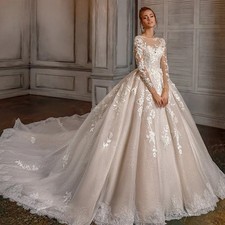 Princess Wedding Dress Long Sleeve Romantic BeadedAppliques A-Line Bride Gowns