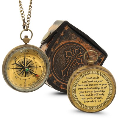 Antique Brass Compass with Leather Case ''Trust in The Lord''   Birthday Wedd...