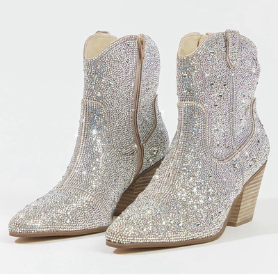 Olomisn Women s Silver Rhinestone Ankle Boots Pointed Toe with a Side Zip
