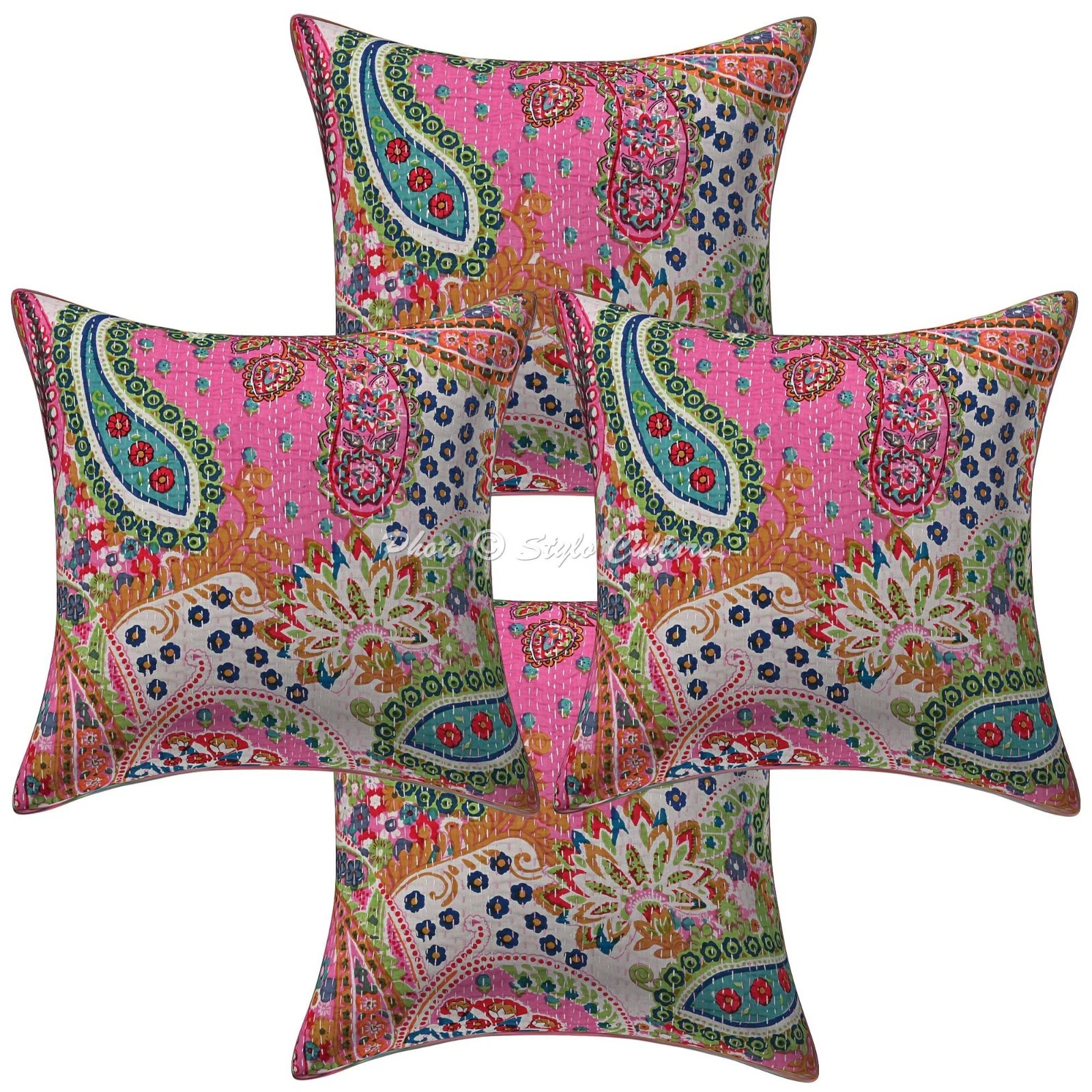 Bohemian Cotton Throw Pillow Covers Kantha Pink Paisley Home Decor Cushion Cover
