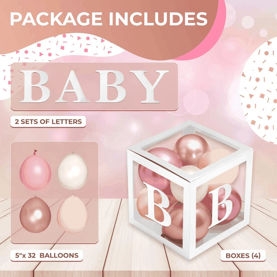 Cajas de baby shower con letras 44 piezas cajas blancas oro rosa polvoriento rosa globos Foto 2 de 4