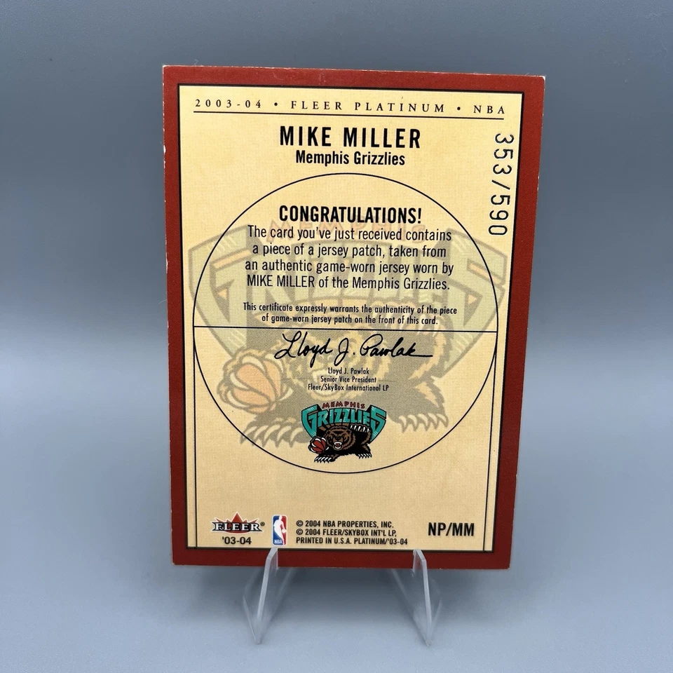 2003-04 Fleer Platinum #NP/MM Mike Miller Name Plates /590 Patch Relic Grizzlies - Image 2 of 2