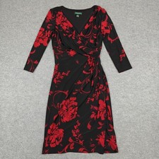 Lauren Ralph Lauren Dress Womens 8 Black Red Floral Wrap Ruched 3/4 Sleeve