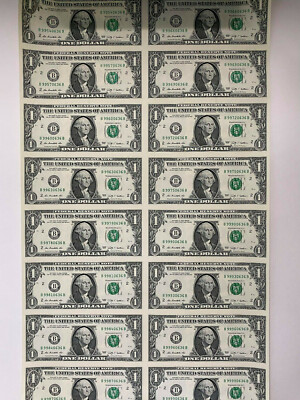 16 of $1 bill uncut 2009 sheet uncirculated notes currency ONE